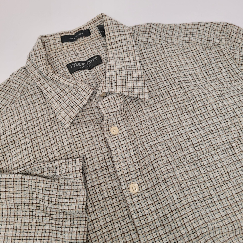 Lyle & Scott Button Up Shirt Mens Large Tan Blue Linen Cotton Plaid Excellent